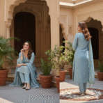 Sea blue gold crush embroidered unstitched suit set with golden detailing