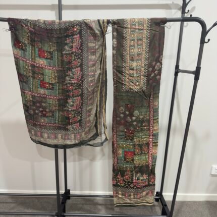 Multicolor shimmer maslin suit fabric with digital print and zari embroidery by Punjabi Threads Melbourne