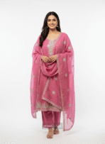 Rose pink Burberry shimmer Punjabi suit set with golden embroidery by Punjabi Threads Melbourne