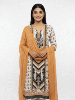 mustard cream printed embroidered suit set