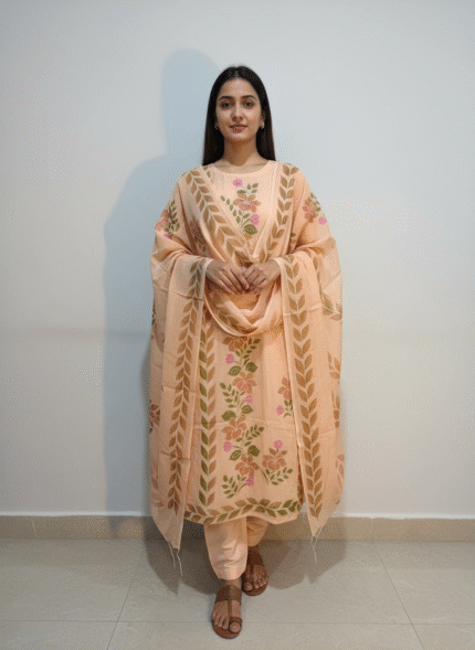 Peach viscose organza handblock printed suit fabric set with floral border by Punjabi Threads Melbourne
