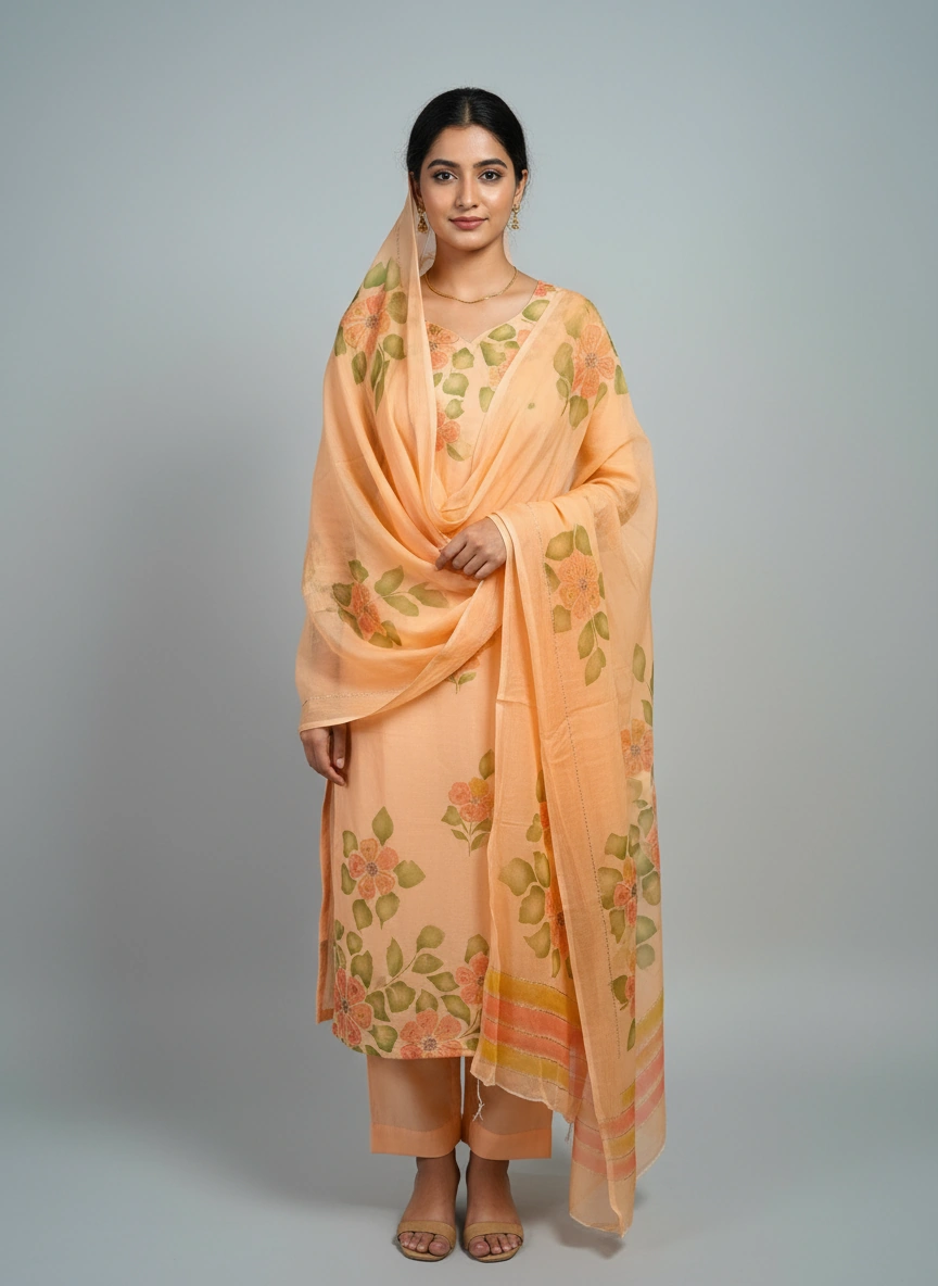 Pure Viscose Organza Handblock Printed Apricot Peach Suit Set Pure Viscose Organza Handblock Printed Apricot Peach Suit Set
