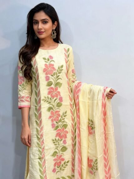 pure viscose organza handblock printed suit set