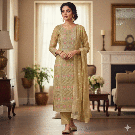 chiffon golden pink embroidered suit set