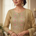 Golden chiffon suit fabric with pink floral embroidery by Punjabi Threads Melbourne