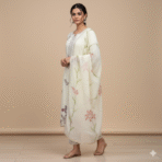 Cream cotton muslin Banarasi suit with multicolour embroidery and floral printed dupatta