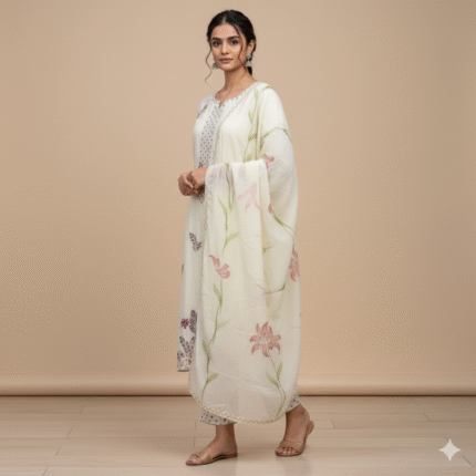 Cream cotton muslin Banarasi suit with multicolour embroidery and floral printed dupatta