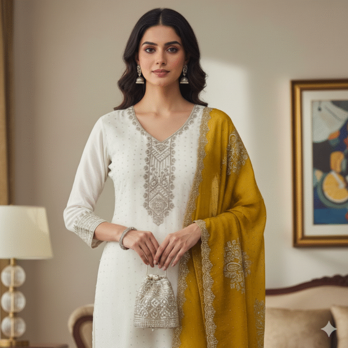 Crush Swarovski - White & Mustard Luxury Embroidered Suit Set | Punjabi Threads - Image 2