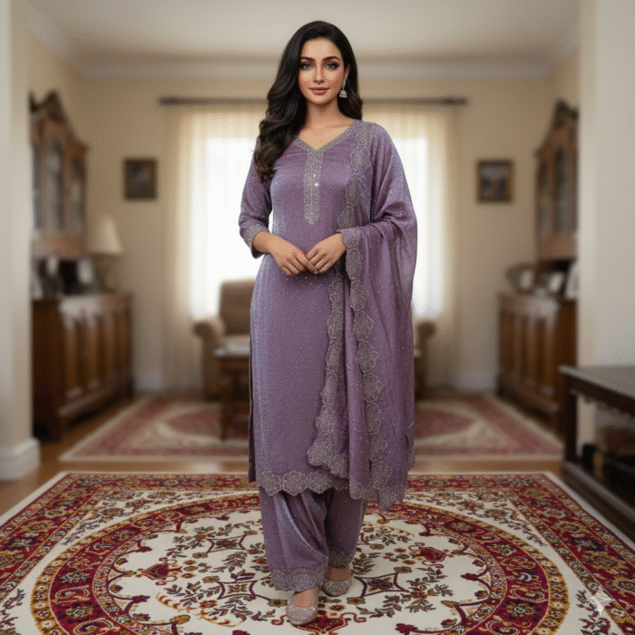 Plum purple Fendi Silk suit with Swarovski embroidery and scallop border