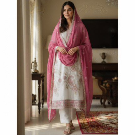 White gold crush shimmer suit with rani pink dupatta and paisley embroidery