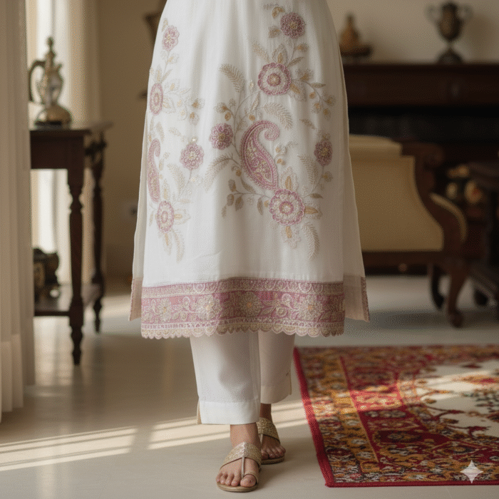 Gold Crush – White & Rani Pink Embroidered Suit Set | Punjabi Threads - Image 4