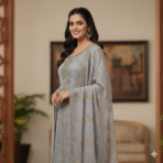 Silver shimmer embroidered suit fabric with gold zari work from Punjabi Threads