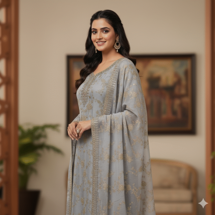 Silver shimmer embroidered suit fabric with gold zari work from Punjabi Threads