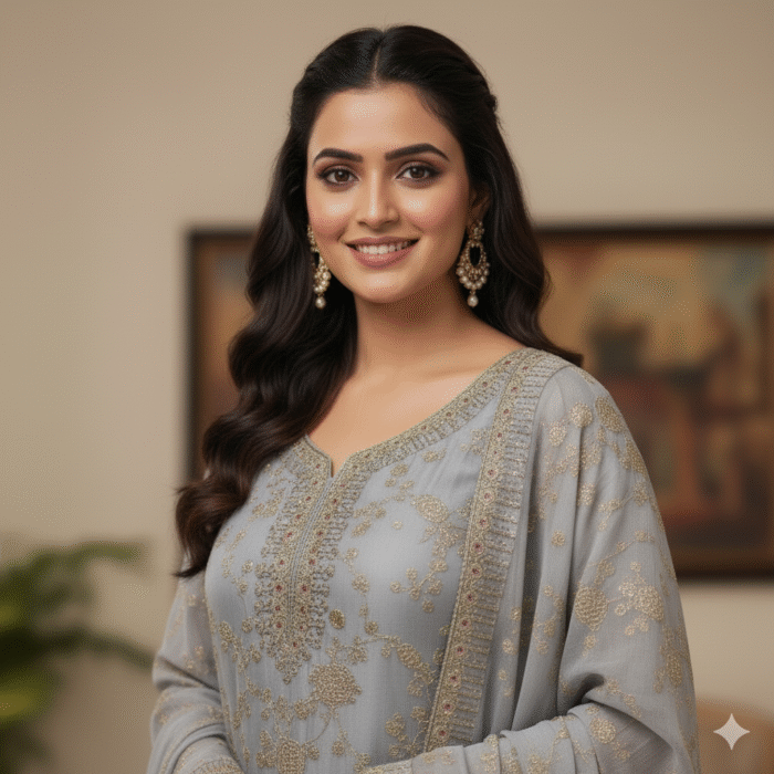 Silver shimmer embroidered suit fabric with gold zari work from Punjabi Threads