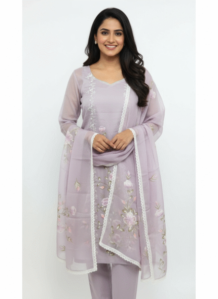 viscose organza lavender floral suit set