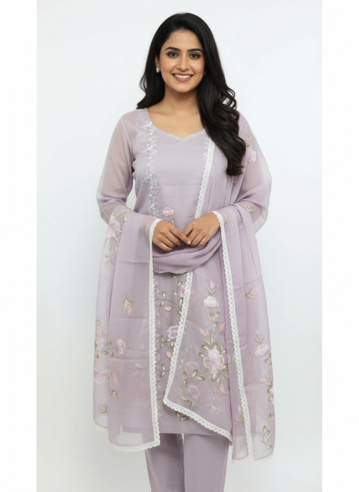 viscose organza lavender floral suit set
