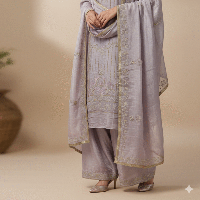 Lavender pure shimmer suit with embroidered work and matching dupatta