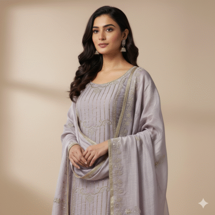 Lavender pure shimmer suit with embroidered work and matching dupatta