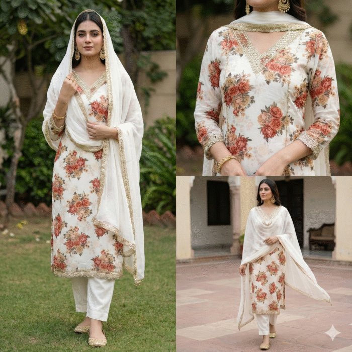 White maslin floral print suit with matching bottom and lace detailing