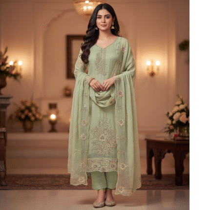 Mint Embroidered Suit Set with Chiffon Dupatta