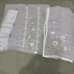 Lavender viscose organza suit with pink floral embroidery and lace border by Punjabi Threads Melbourne