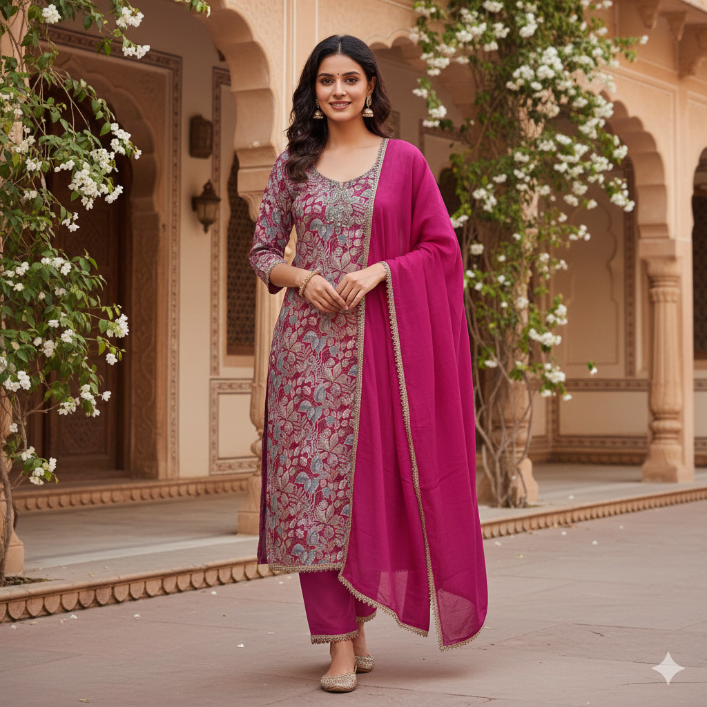 Premium Maslin Print Suit Set – Royal Magenta | Punjabi Threads maslin print suit set royal magenta with floral design and dupatta