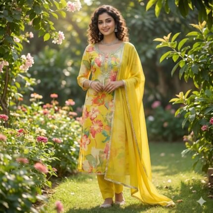 Maslin Print Suit Yellow Tropical Bloom | Punjabi Threads