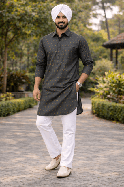 Stylish Printed Dark Charcoal Kurta Pajama for Men