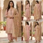 Soft peach printed suit set with matching bottom and elegant dupatta