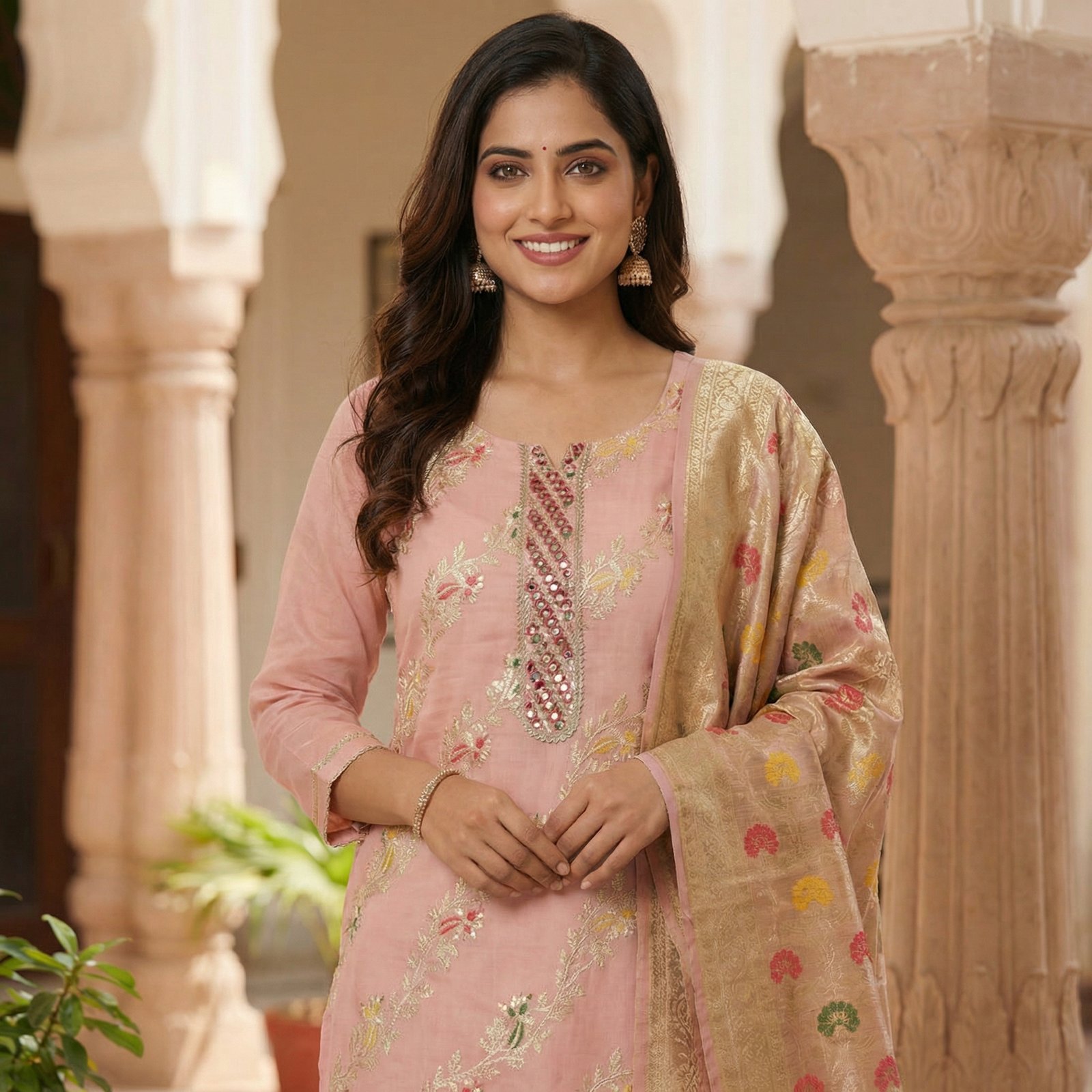 soft peach printed suit set soft peach printed suit set