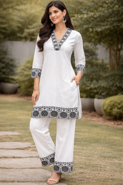 white maslin cord set embroidered