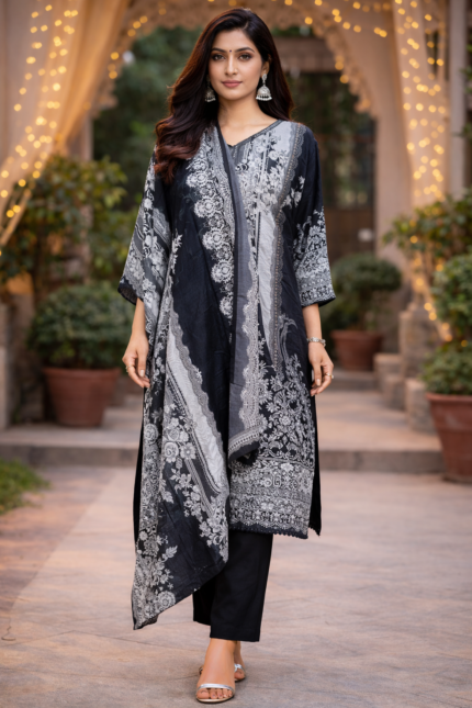 Maslin Cotton Black and White Suit with printed dupatta styling
