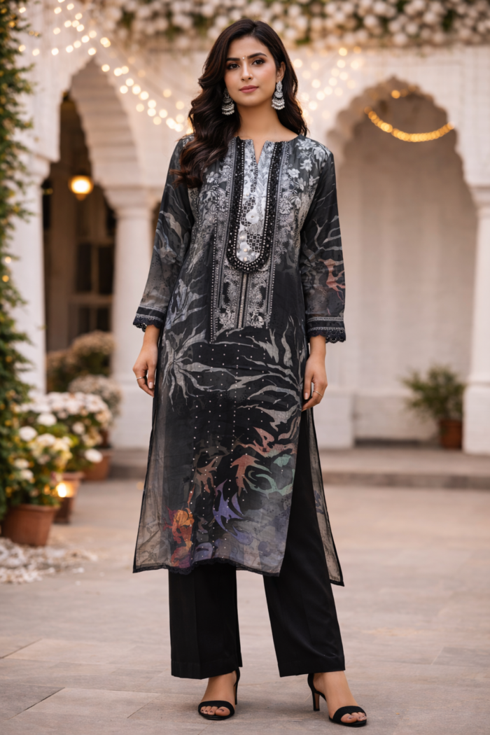 Black Grey Maslin Cotton Suit Set