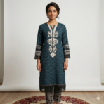 Pure cambric cotton Punjabi suit set in teal green with printed pants