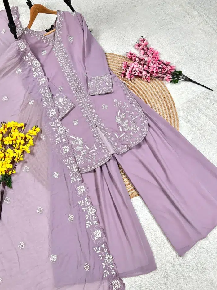 Lavender Embroidered Sharara Suit - Punjabi Threads product image 3