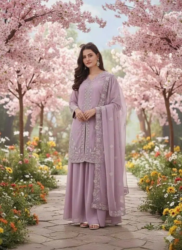 Lavender Embroidered Sharara Suit - Punjabi Threads product image 4