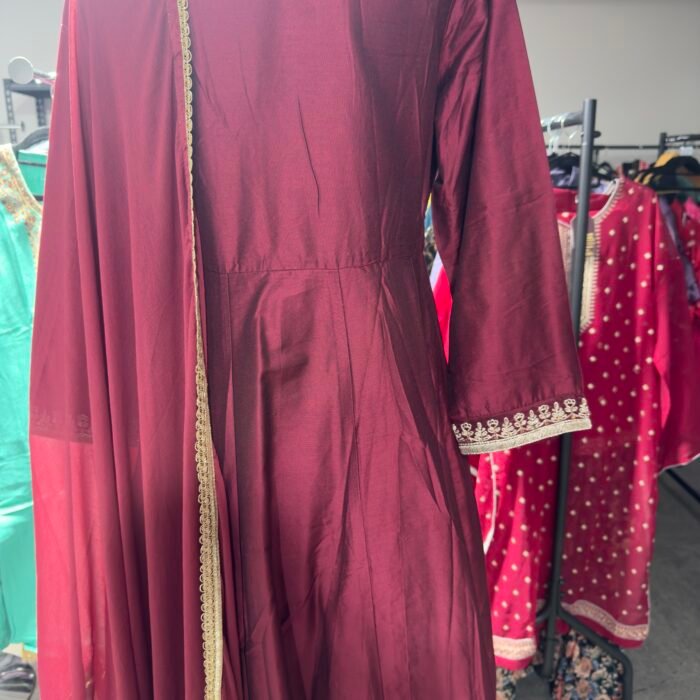 Back view of maroon ethnic Anarkali suit with dupatta designer Indian wear Australia