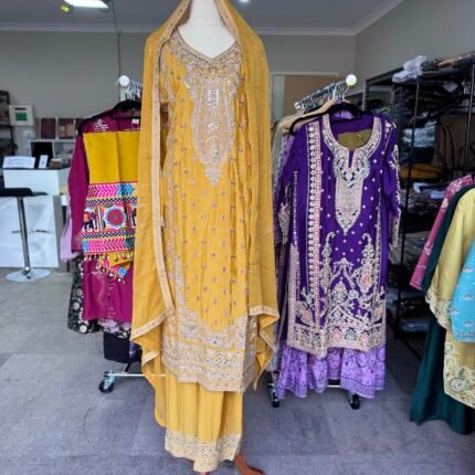 Mustard Embroidered Chinon Suit Australia | Punjabi Threads