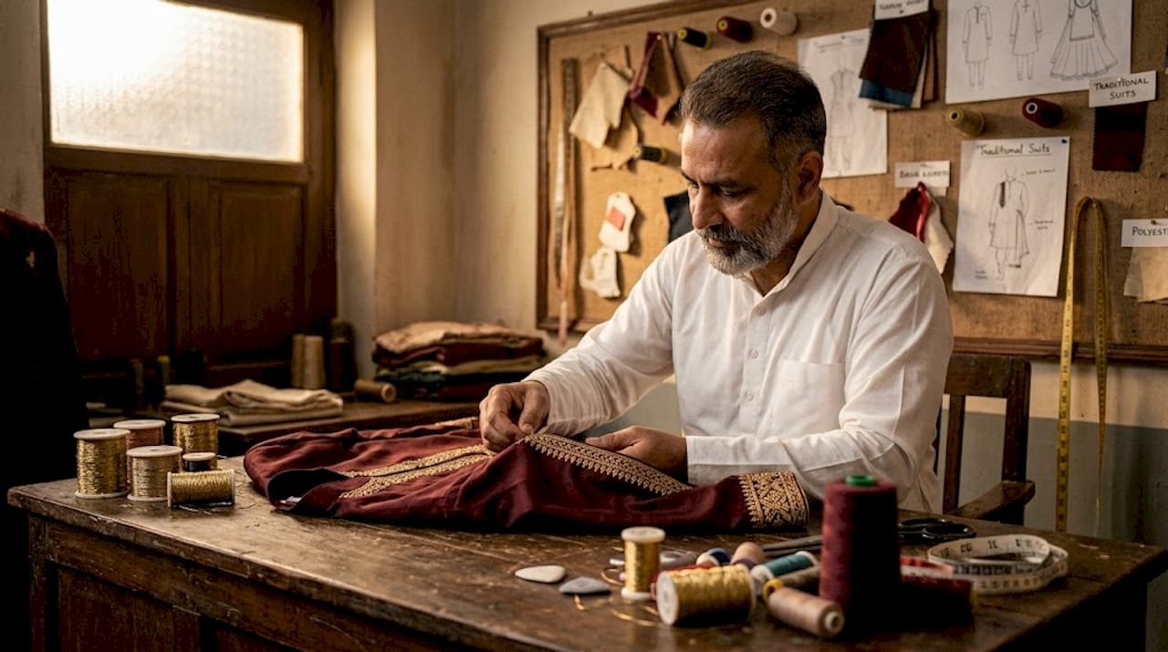 Tailor inspects ethnic suit seam in studio
