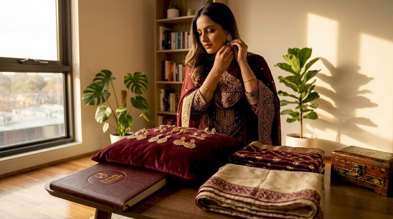 Woman styling cape Punjabi suit near wardrobe