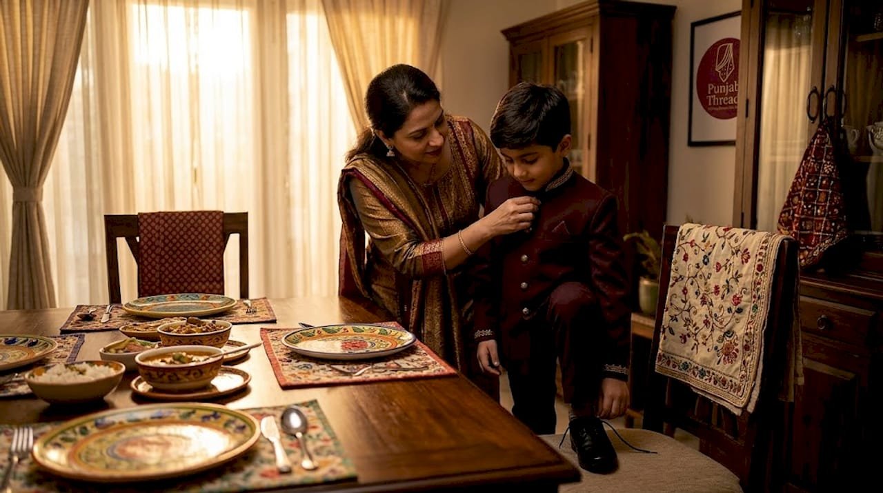 Mother helps son wear Jodhpuri suit at home
