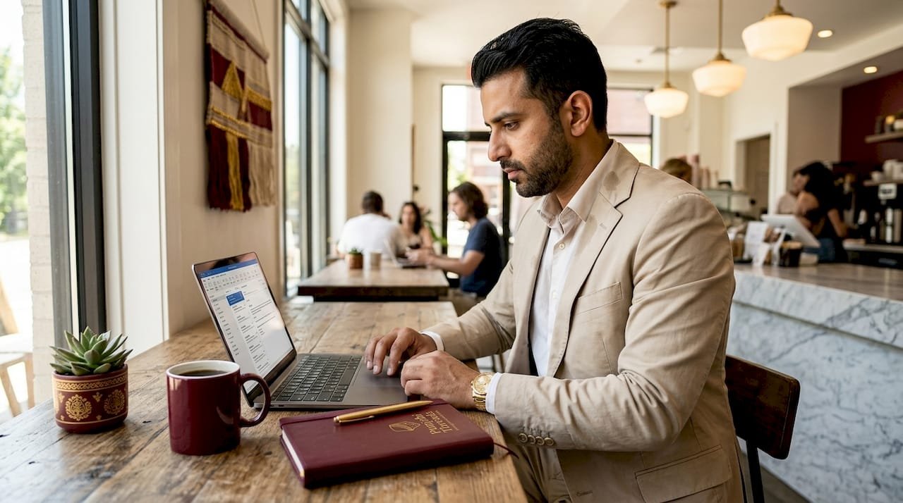 Man working in cotton suit at sunny office desk