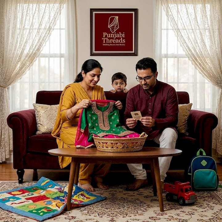Parents examining kids salwar kameez at home