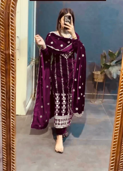 Deep Purple Velvet Readymade Suit - Punjabi Threads product image 2