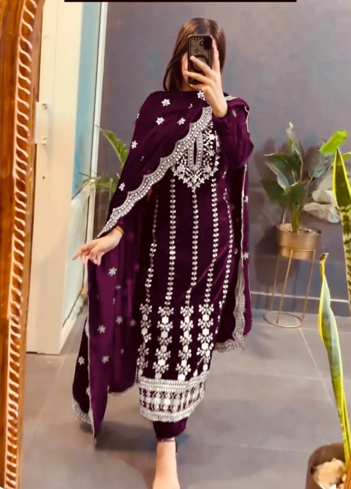 Deep Purple Velvet Readymade Suit - Punjabi Threads product image 3
