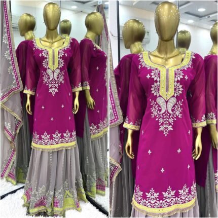 Magenta Grey Sharara Suit - Punjabi Threads product image 1