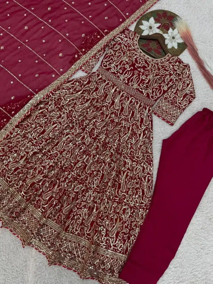 Maroon Anarkali Readymade Dress - Punjabi Threads product image 2