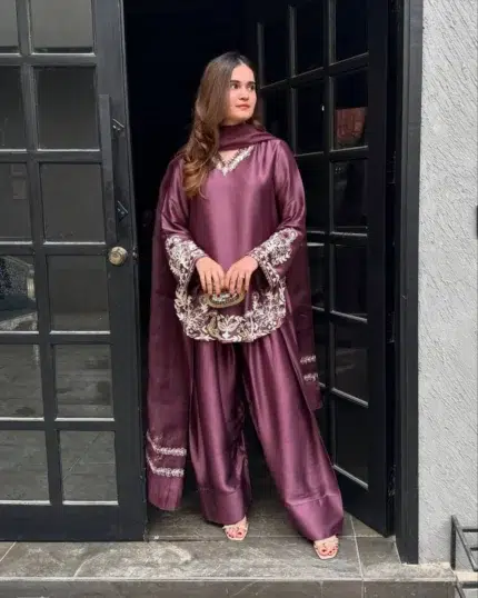 Mauve Crepe Silk Farshi Pant Suit - Punjabi Threads product image 2