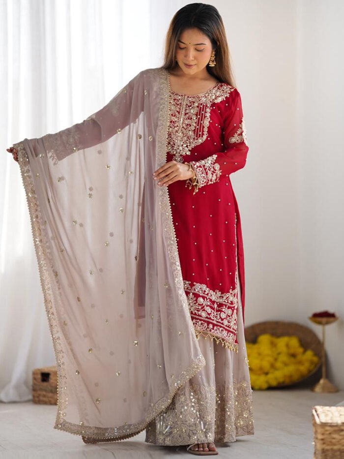 Red Heavy Embroidered Pakistani Suit Set - Punjabi Threads product image 3