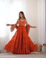 Rust Embroidered Tiered Gown - Punjabi Threads product image 2